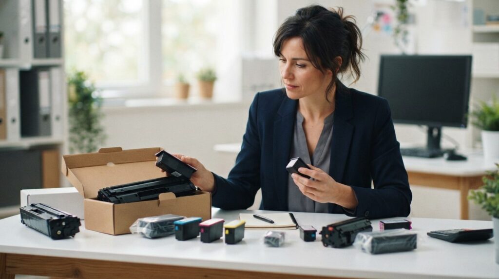 Close-up of business owner comparing printer ink cartridges 