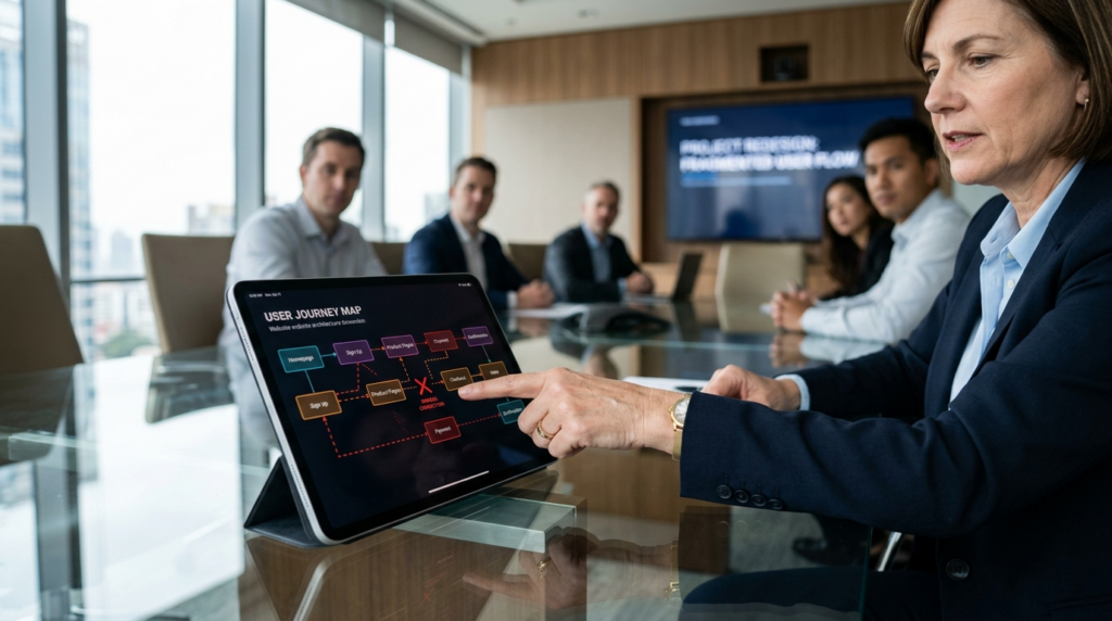 Close-up of business leaders hand pointing at tablet screen