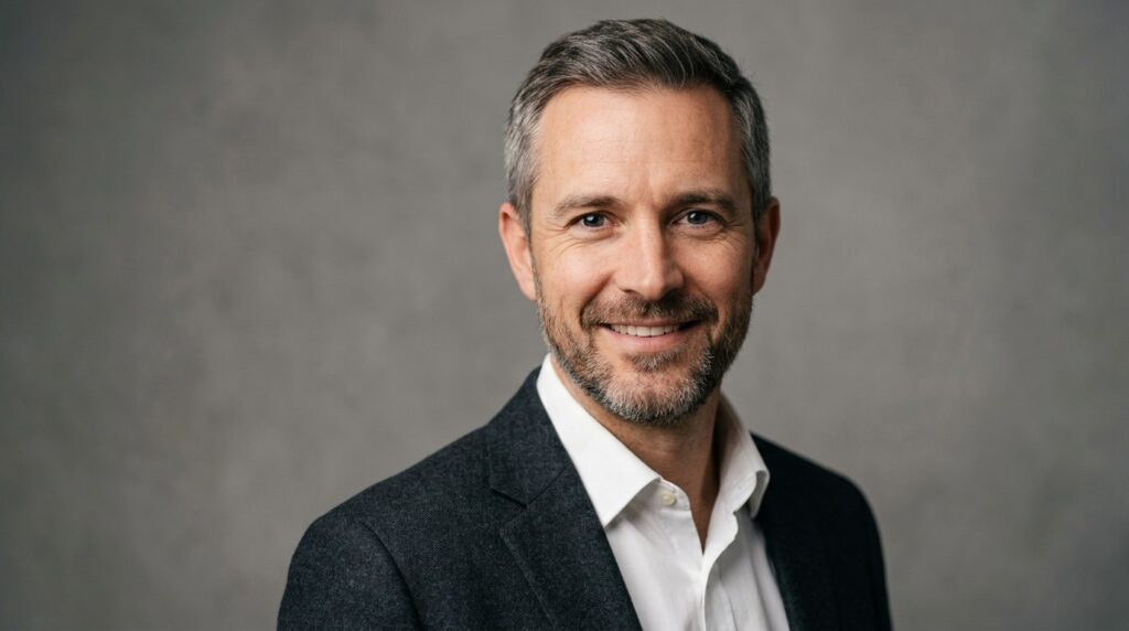 Close-up professional business headshot of a male freelancer