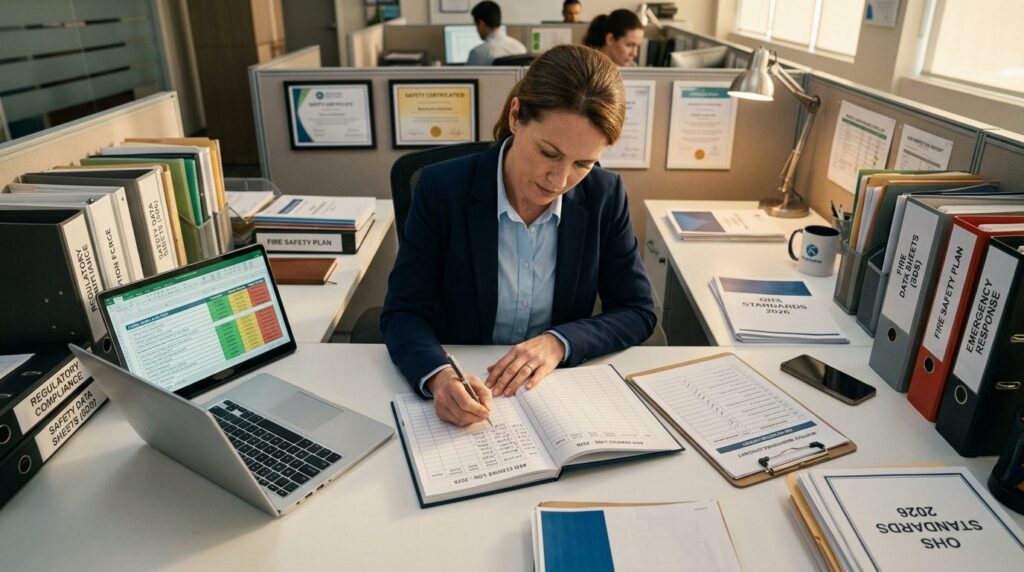 Overhead view of a facilities manager or safety officer at a