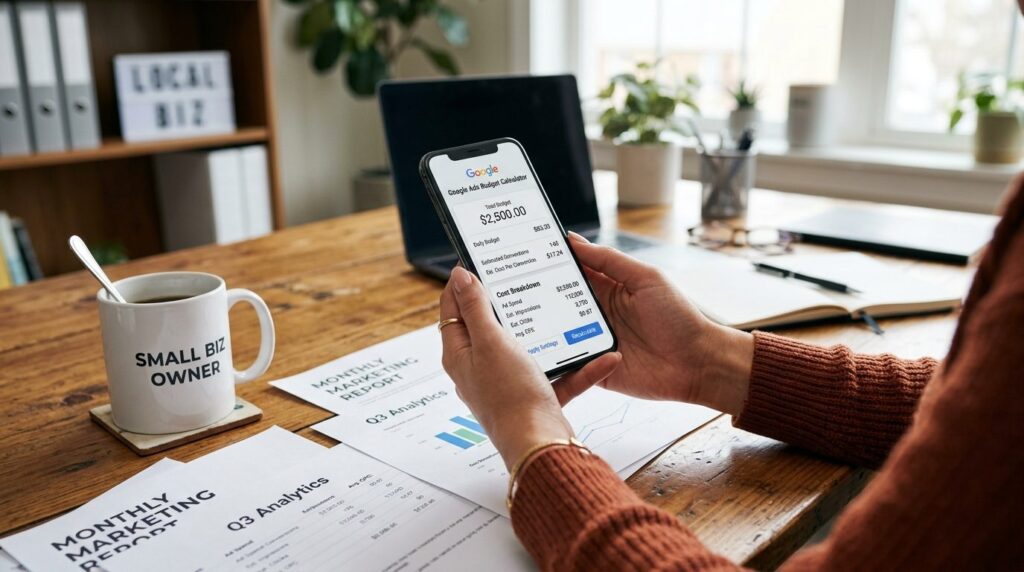 Erhvervskvinde holder smartphone i sine hænder og gennemgår data.