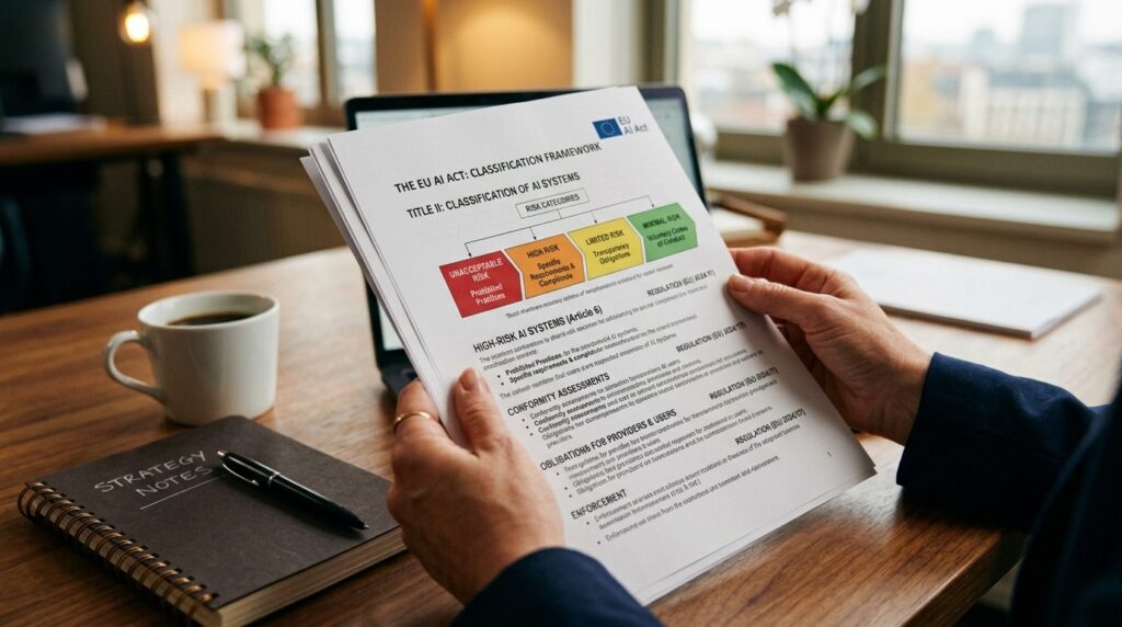 Erhvervsmands hænder holder EU AI Act-dokument.