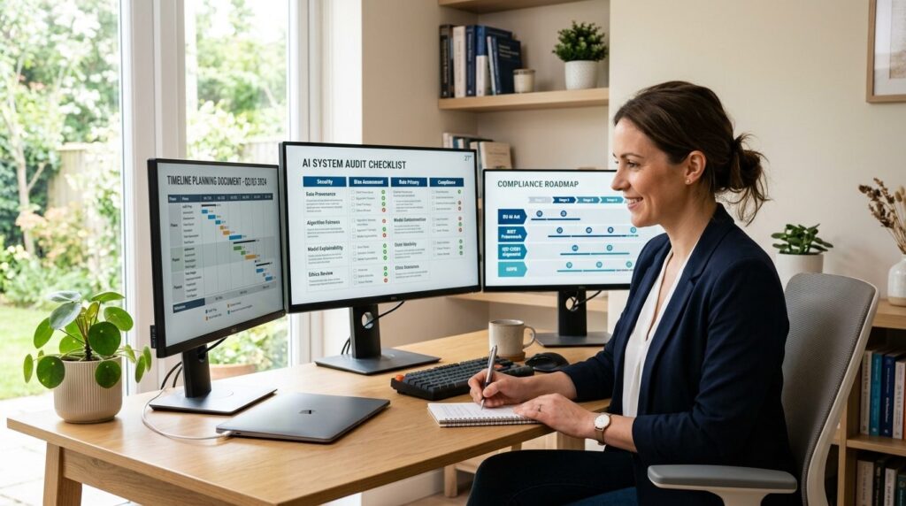 Soloprenør ved hjemmekontor med flere computerudskærmninger.
