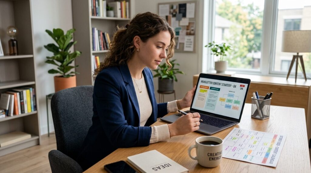 Young entrepreneur sitting at laptop reviewing newsletter co