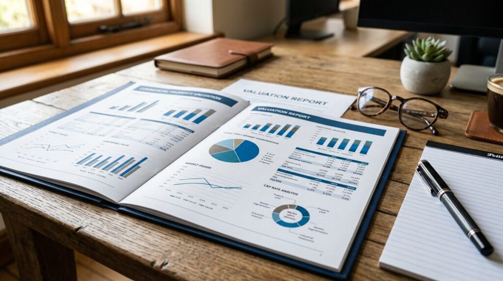 Close-up of a commercial property valuation report with prof