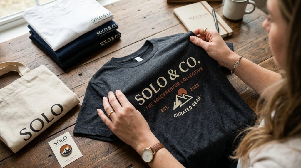 Close-up overhead shot of a solopreneurs hands holding and