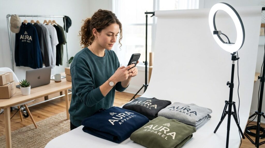 Young entrepreneur photographing branded merchandise with sm