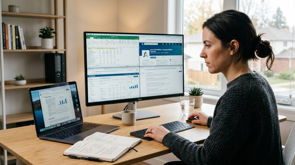 Selvstændig arbejder hjemmefra udfører research blandt papirer og computer på arbejdspladsen.