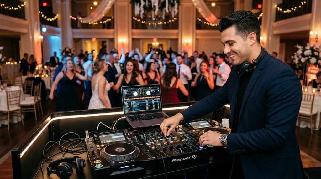 Solo entrepreneur DJ performing at wedding reception, profes