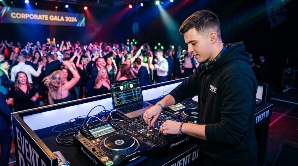 Young solopreneur DJ at corporate event or party, hands adju