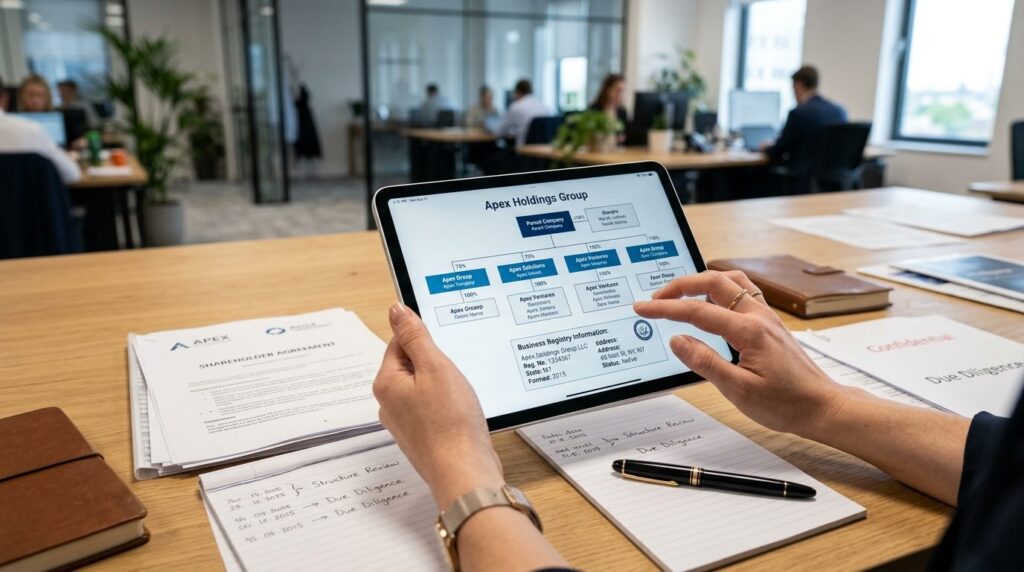 Close-up of hands holding a tablet displaying corporate owne