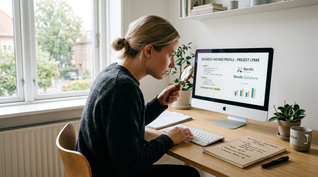 Solopreneur at desk reviewing business partner details on co