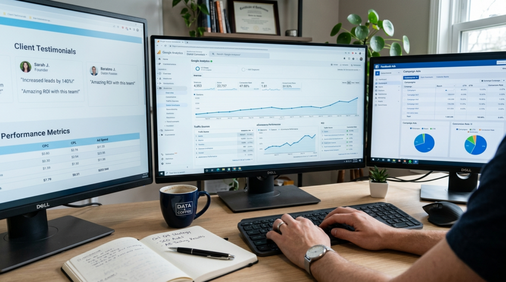 Close-up of a digital marketing consultants desk with multi