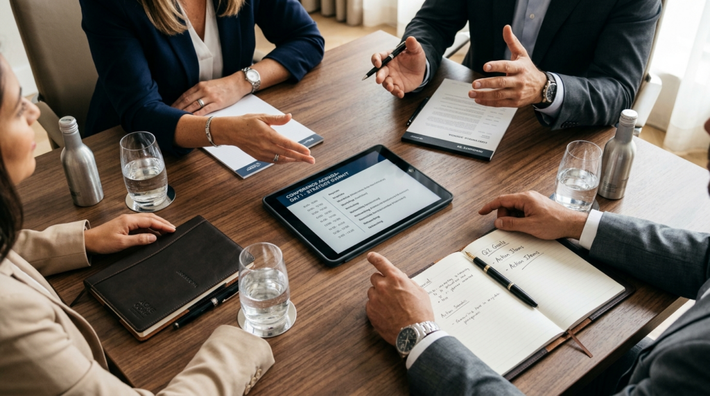 Close-up overhead view of a conference table setup showing d