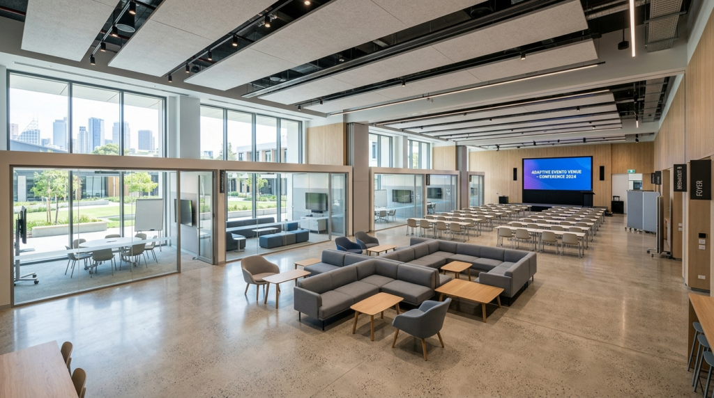 Wide-angle shot of a versatile conference venue space with m
