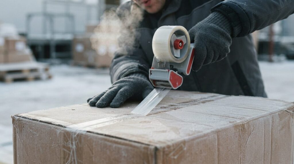 Close-up detail shot of acrylic packing tape being applied t