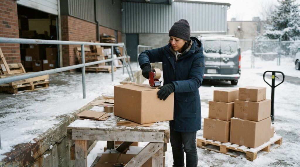 Solopreneur business owner in winter clothing sealing packag