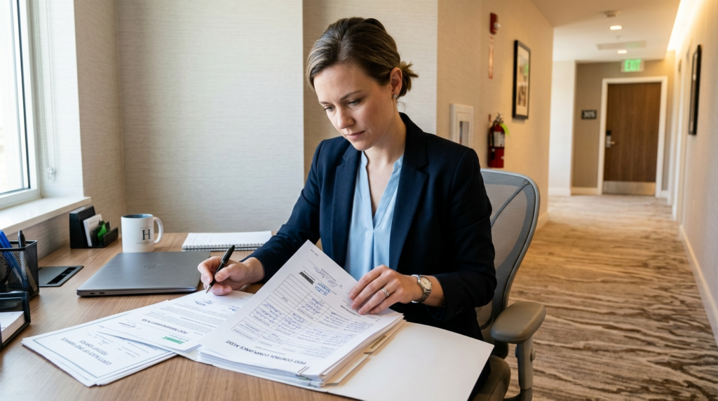 Close-up realistic image of a hotel manager reviewing pest c