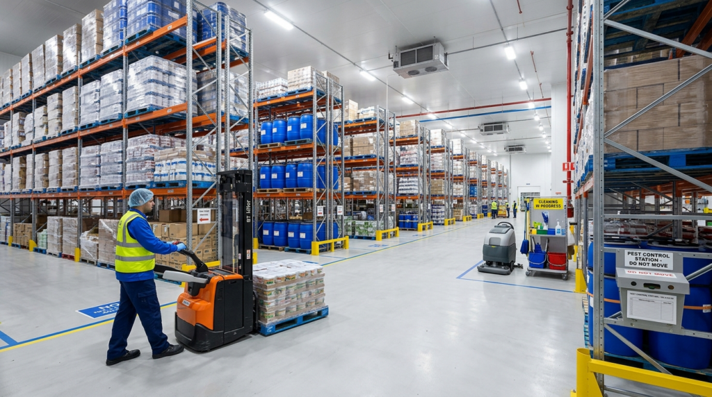 Wide-angle photorealistic view of a commercial warehouse int